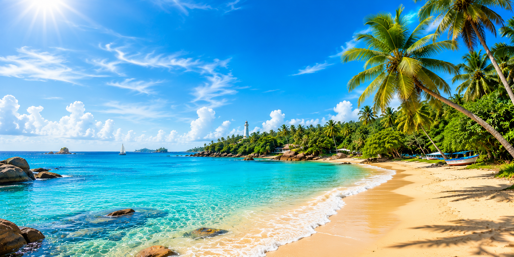 Tropical beach with a lighthouse on the south coast of Sri Lanka