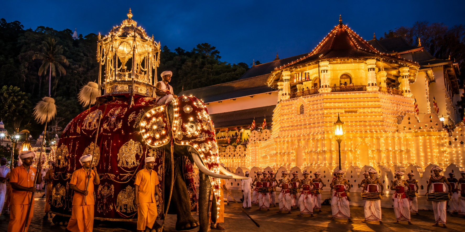 Decorated elephant leading the Esala Perahera night procession in Kandy, Sri Lanka