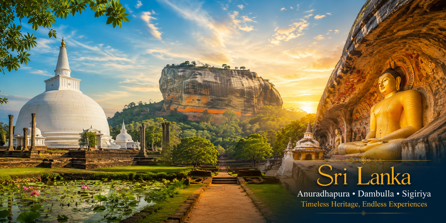 Sri Lanka heritage sites: Anuradhapura stupa, Sigiriya Rock, and the Dambulla cave temple Buddha statues
