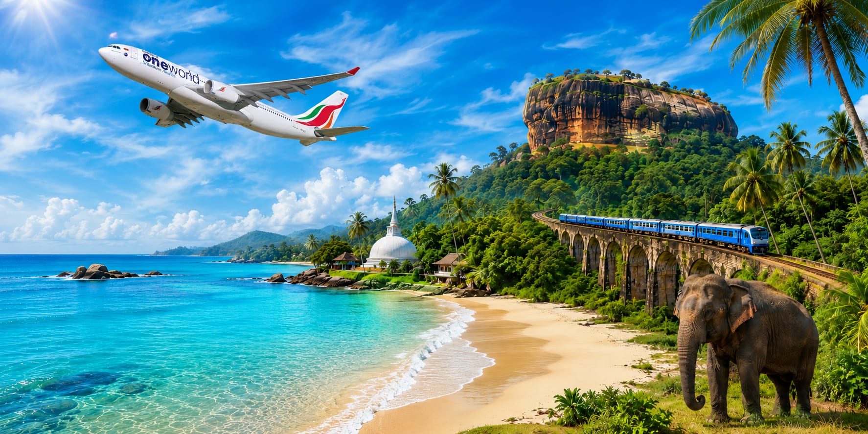 Sri Lanka tourism collage: Sigiriya Rock, a train on a viaduct, and a tropical beach