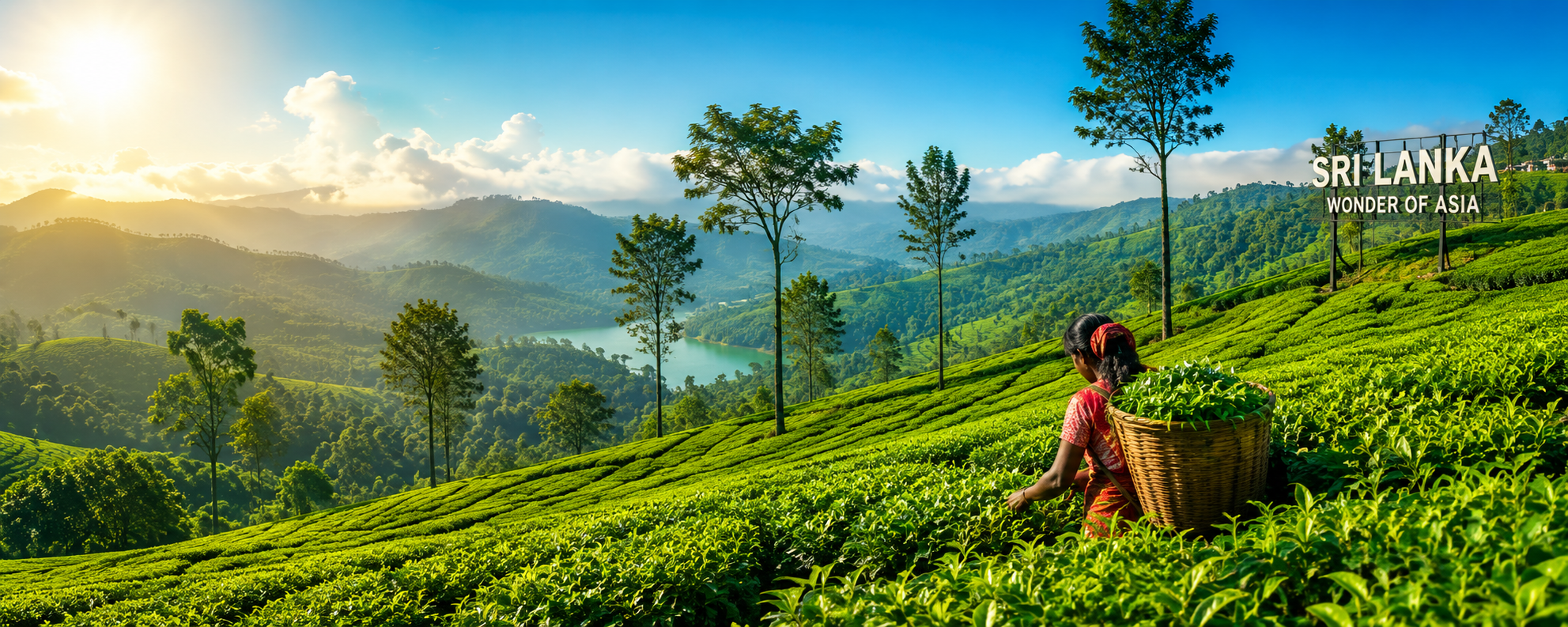 Tea plantation worker picking leaves in the hill country of Sri Lanka
