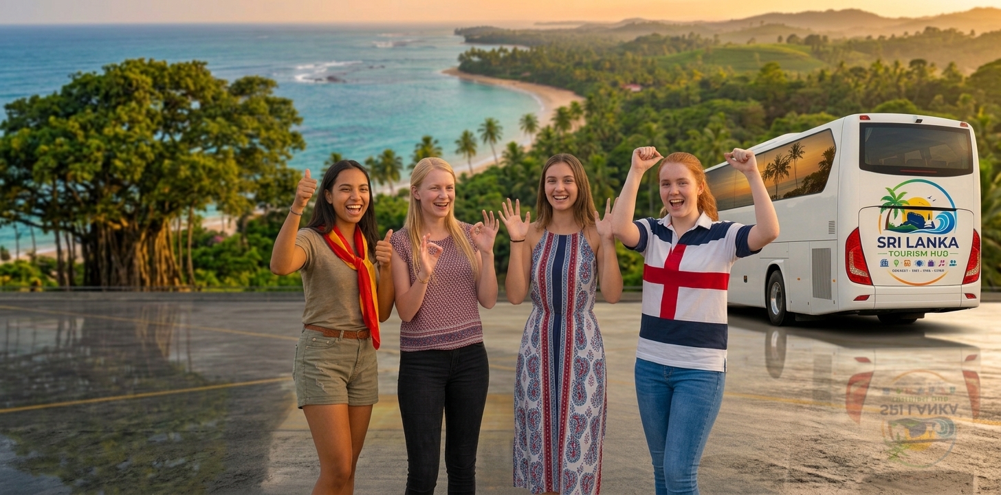Group of travelers cheering beside a Sri Lanka Tourism Hub tour coach at sunset